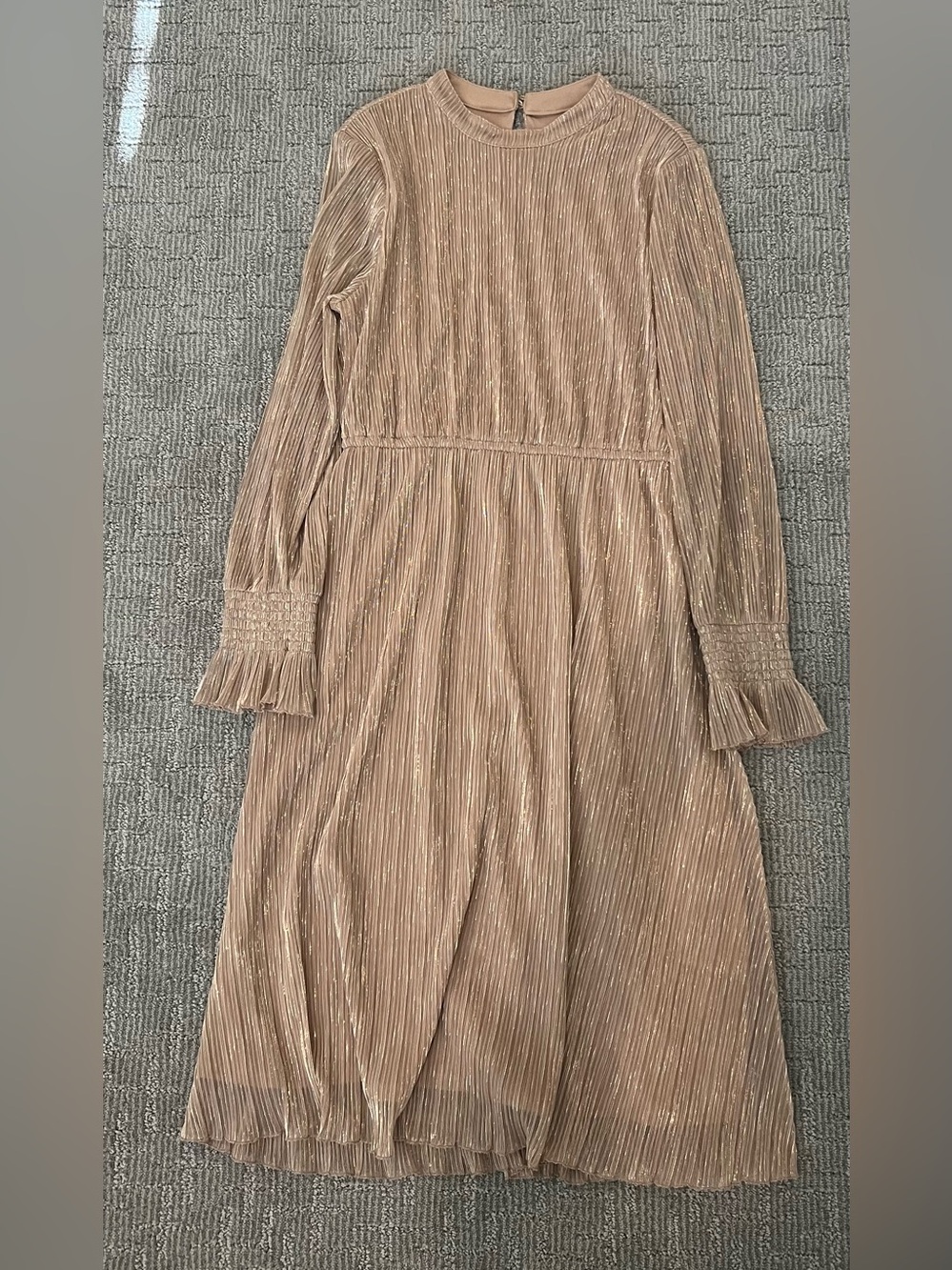 Versona Beige Metallic Pleated Midi Dress